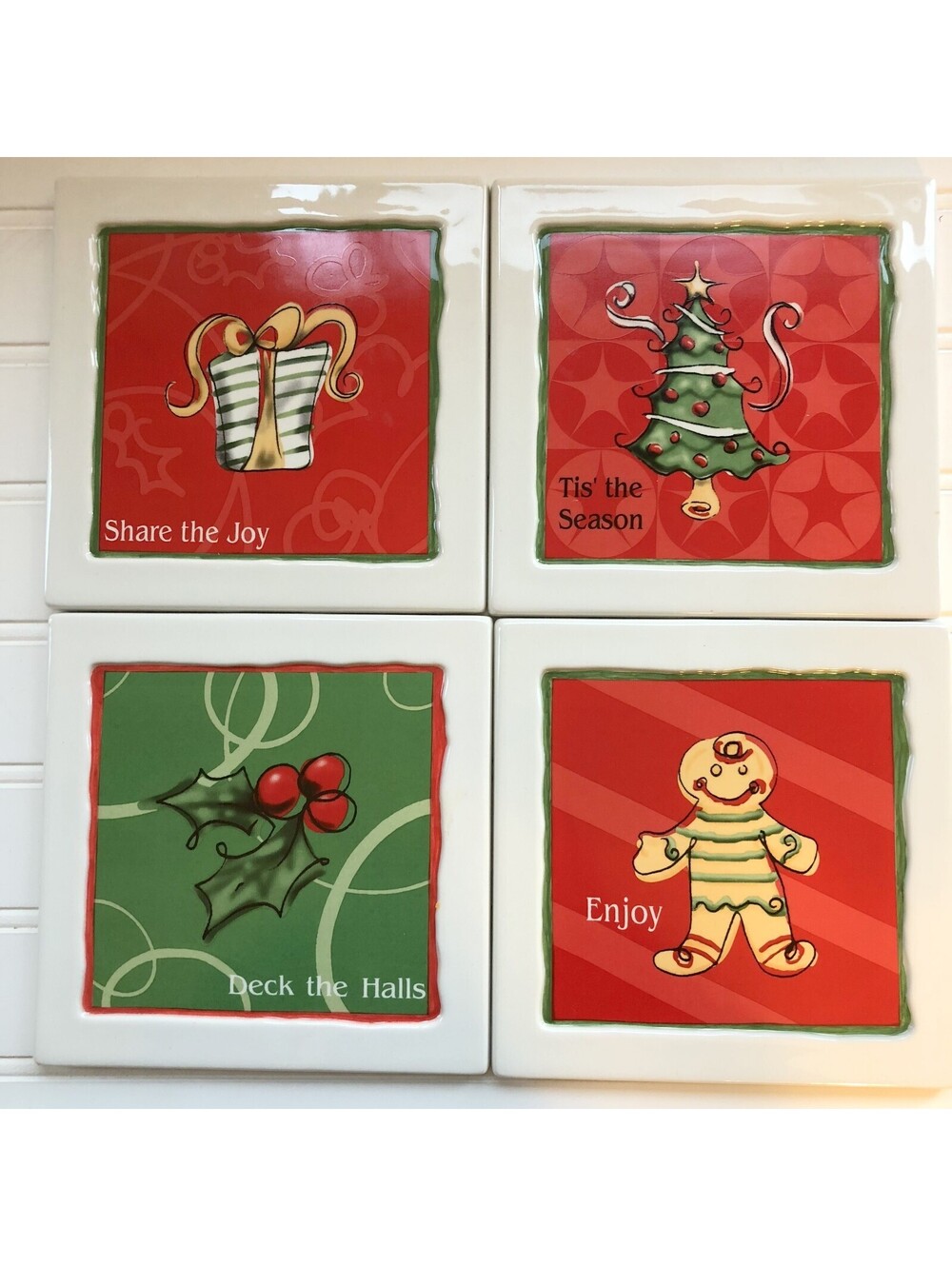 Set of 4 Russ Christmas Tile Trivets Red Green 6" Squares Wall Decorations